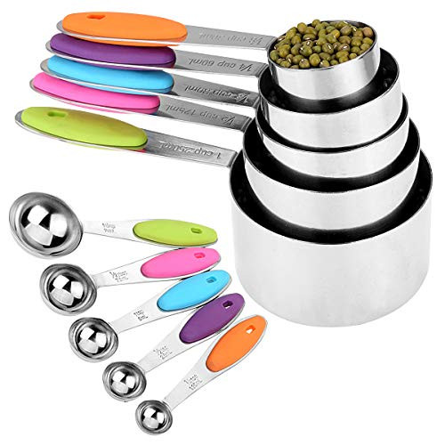 Szxc Stackable Measuring Cups & Spoons Set - 5 Cups + 5 Spoons - Stainless Steel & Non-Slip Silicone Drip - for Dry & Wet Ingredients - BPA Free - Imperial & Metric Measurements - Multi-color Handle