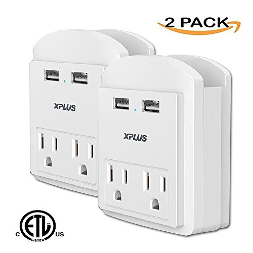 XPLUS Wall Outlet Surge Protector with Two 2.4A USB Charging Ports, 2 AC Outlet Plugs and Topside Phone Holders for iPhone, iPad and Others, ETL Certified (2 Pack White)