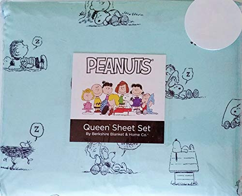 Berkshire Blanket & Home Co. Charlie Brown Snoopy and Linus Peanuts Characters on Blue Background Queen Size Sheet Set (Flat, Fitted, Pillowcases)