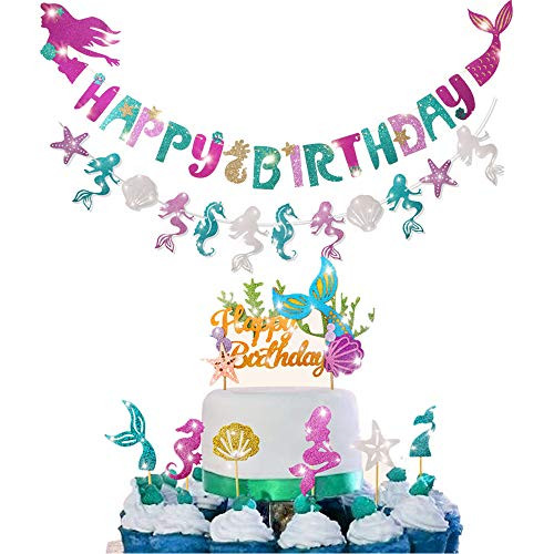 Mermaid Party Decoration - Glitter Mermaid Shape Birthday Banner+Mermaid Seashell Banner ,1 Pcs Mermaid Happy Birthday Cake Topper and 24 Pcs (6 Style) Mermaid Cupcake Toppers for Baby Shower,Mermaid Theme Party ,Birthday Party ,Under The Sea Party. Mermaid Party Decoration - Glitter Mermaid Shape Birthday Banner+Mermaid Seashell Banner ,1 Pcs Mermaid Happy Birthday Cake Topper and 24 Pcs (6 Style) Mermaid Cupcake Toppers for Baby Shower,Mermaid Theme Party ,Birthday Party ,Under The Sea Party.