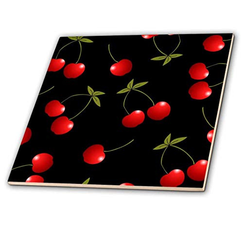 3dRose ct_24730_2 Cherry Print Juicy Red Cherries on Black-Ceramic Tile, 6-Inch