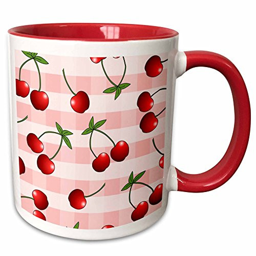 3dRose 24733_5 Print Juicy Cherries on Pink Check Ceramic Mug, 11 oz, Red/White