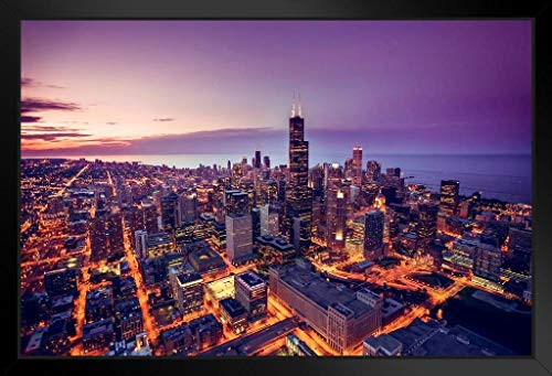 Chicago Illinois Skyline at Sunset Aerial View Willis Tower Photo Black Wood Framed Art Poster 20x14 Chicago Illinois Skyline at Sunset Aerial View Willis Tower Photo Black Wood Framed Art Poster 20x14