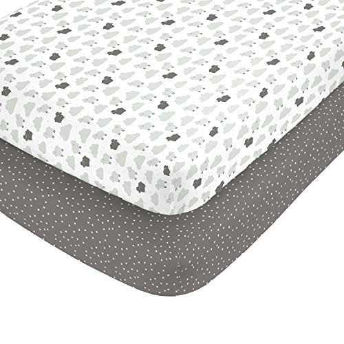 Carter's 100% Cotton Sateen 2 Piece Fitted Crib Sheets Grey Sheep with Clouds and Grey, White Stripes/Grey/Black/White
