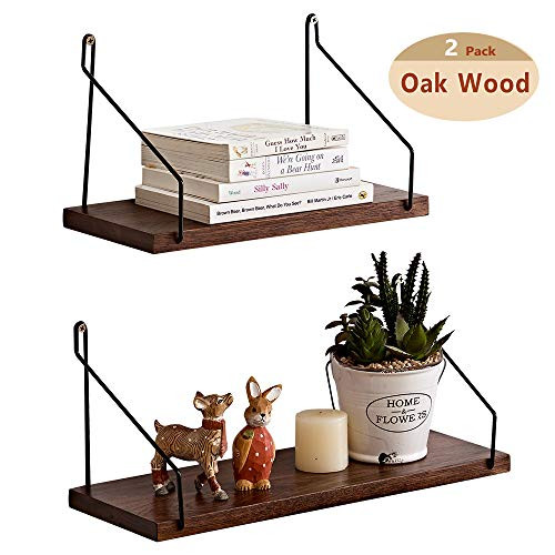HOMWOO Shelves for Wall Floating Shelves Set of 2 Oak Solid Wood Shelves Floating Shelves Bathroom Rustic Wall Mounted Wall Shelf for Living Room, Bedroom, Bathroom, Kitchen, Office (Walnut)