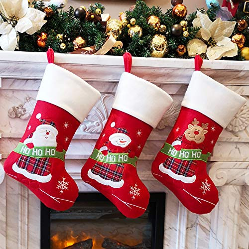 Bstaofy Wewill Red Traditional Christmas Stockings Set of 3 Santa Reindeer Snowman with Snowflake Christmas Party Gift, 18 inch