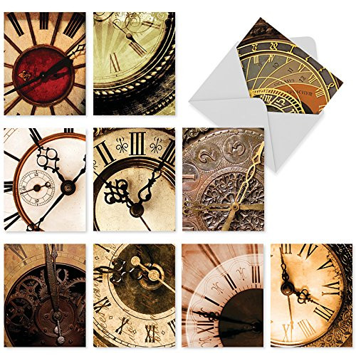 Assortment of 10 Blank Greeting Cards with White Envelopes 4 x 5.12 inch - Clockworks' Boxed Note Cards for All Occasions - Clock, Time, Watch Stationery Notecard Set M2010