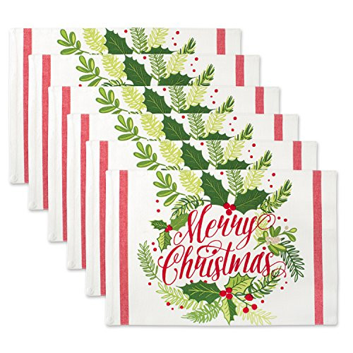 DII 100% Cotton, Printed Everyday Basic Placemats, Fused and Lined, 13x19, Merry Christmas Holly, Set of 6