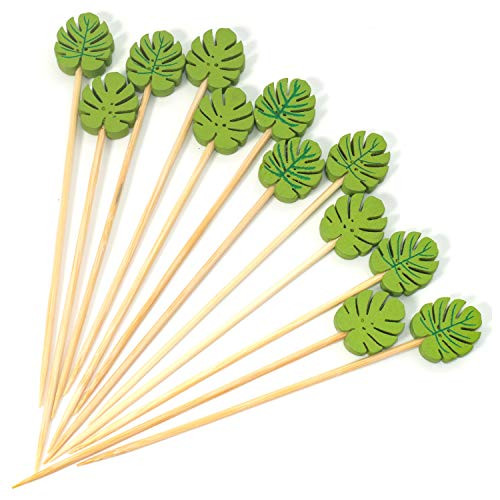 PuTwo Cocktail Picks 100 Counts 4.7" Bamboo Appetizer Toothpicks Wooden Decorative Cocktail Sticks for Appetizers Fancy Toothpick for Cocktail Party - Green Leaf Toothpicks