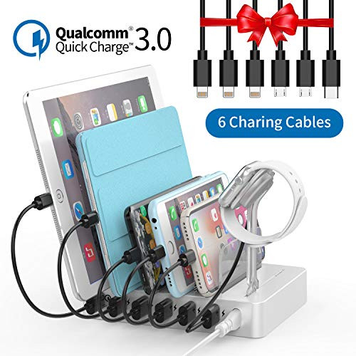 6 Ports Charging Station for Multiple Devices - NTONPOWER USB Fast Charging Dock with QC 3.0, 6 Short Cables Included, I Watch Holder, for iPhone iPad and Android Cell Phone and Tablet [UL Listed]