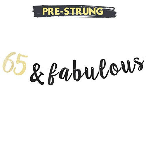 LINGTEER 65 & Fabulous Black and Gold Glitter Bunting Banner 65 Years Old Happy 65th Birthday Anniversary Party Decorations.