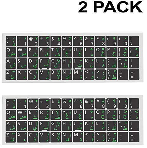 Universal English-Arabic Keyboard Stickers 2 PCS Replacement Ergonomic Cyrillic None Transparent PC Large Green Lettering Black Background for Notebook Desktop Computer Laptops (Arabic-WhiteGreen)