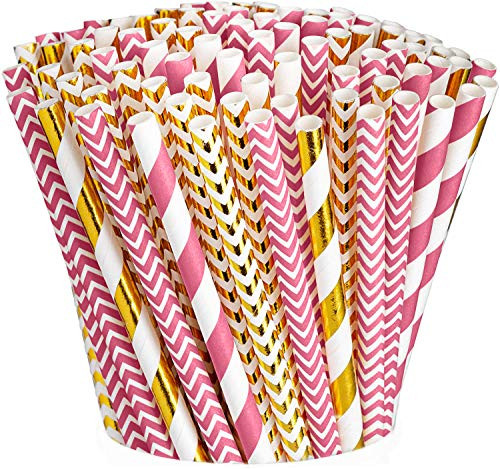 [200 Pack] Pink & Rose Gold Paper Drinking Straws 100% Biodegradable Multi-Pattern Party Straws
