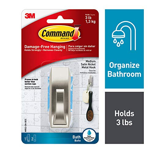 Command Modern Reflections Metal Bath Hook, Medium, Satin Nickel, 1-Hook with Water-Resistant Strips (MR02-SN-BES), Organize your dorm Command Modern Reflections Metal Bath Hook, Medium, Satin Nickel, 1-Hook with Water-Resistant Strips (MR02-SN-BES), Organize your dorm