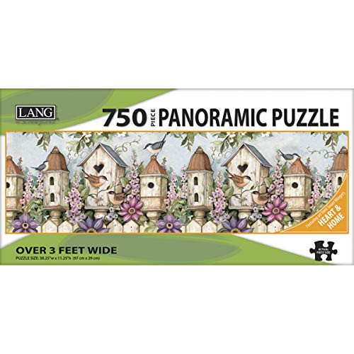LANG - 750 Piece Panoramic Puzzle -"Birdhouse Garden", Artwork by Susan Winget - Linen Finish - 38.25 x 11.25 Completed