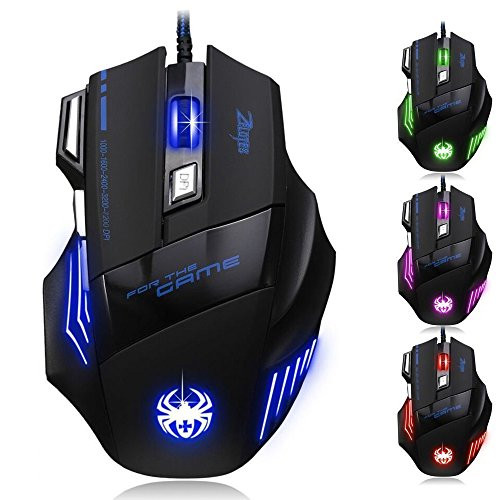 AFUNTA Zelotes Ergonomic 7200 DPI LED Optical Wired Gaming Mouse Mice 7 Buttons Compatible Mac Pro Gamer PC Laptop Desktop Notebook-Black Black(T80)