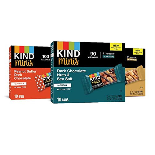 KIND Bar Minis, Variety Pack, Dark Chocolate Nuts, Caramel Almond Sea Salt, Peanut Butter Dark Chocolate, Gluten Free, Low Sugar, 0.7 oz, 30 Count