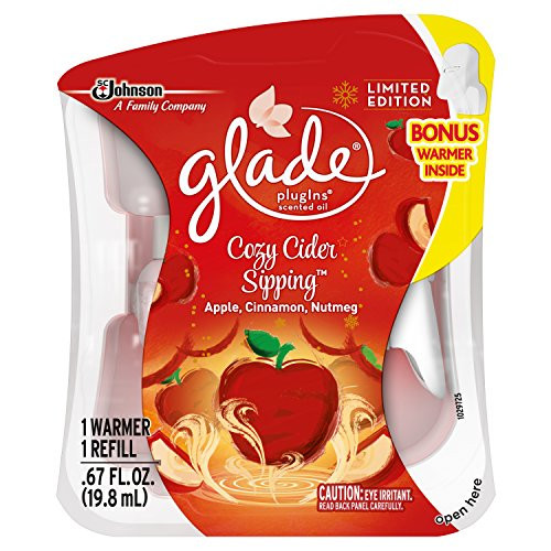 Glade Plugins Scented Oil Air Freshener Refill Plus Free Warmer, Cozy Cider Sipping, 0.67 Fluid Ounce