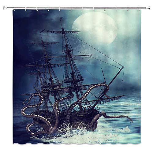 XZMAN Octopus Shower Curtain Nautical Giant Sea Monster Kraken Octopus Tentacles Kraken Attack Pirate Ship Blue Black White Polyester Bathroom Decor Set with Hooks 70 x 70 Inches