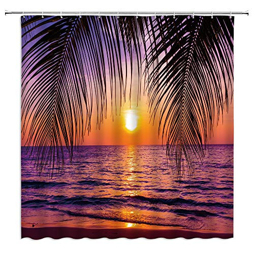 XZMAN Ocean Sunset Shower Curtain Tropical Beach Ocean Palm Tree Leaf Sunrise Sunset Theme Orange Sky Sea Water Wave Nature Scenery Fabric Bathroom Decor Set 70 x 70 Inches with Hooks
