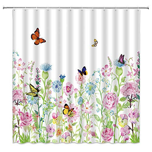 XZMAN Watercolor Floral Shower Curtain Colorful Flowers Butterfly Green Leaves Spring Garden Nature Scenery Farmhouse Country and Rustic Fabric Bathroom Decor 70 x 70 Inches Set Include Hooks