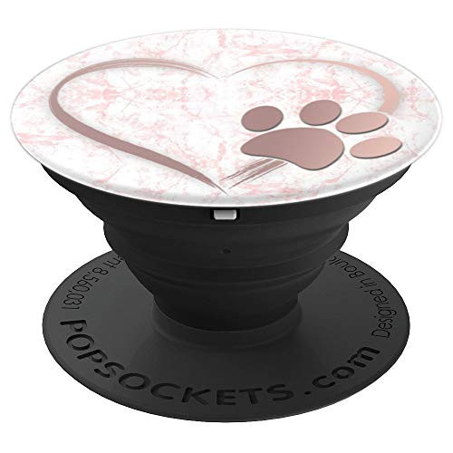 Rose Pink Dog Paw Print Heart on White Gray Pink Hand Holder PopSockets Grip and Stand for Phones and Tablets