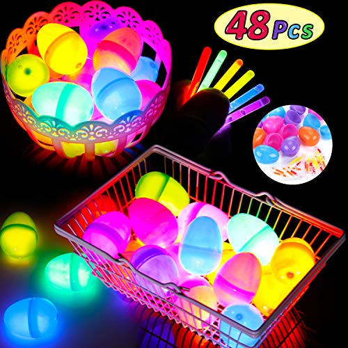 48 Pieces Glow in the Dark Easter Eggs with 2 Inch Glow Sticks Toy Filled Easter Eggs 3 Inch Glow Easter Eggs for Easter Egg Hunts Basket Stuffers Easter Party Decorations, Assorted Colors