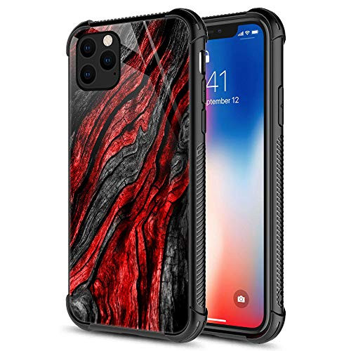 iPhone 11 Case,Black Red Wood Grain iPhone 11 Cases for Men Boys,9H Tempered Glass Graphic Design Shockproof Anti-Scratch Tempered Glass Case for Apple iPhone 11 Wood Grain