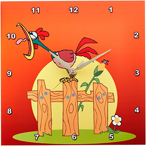 3dRose DPP_55559_1 Crowing Rooster on Orange Background Wall Clock, 10 by 10-Inch