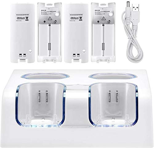 Charging Station for WII Remote, Wii Remote Charger Dock with 2800mAh Rechargeable Batteries and LED Light Indicator - Light White