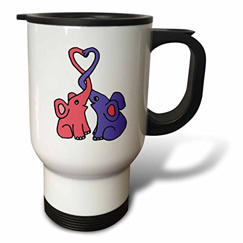 3dRose tm_200145_1 Cute Blue and Pink Elephants with Trunks Intertwined and Heart Travel Mug, 14-Ounce, Stainless Steel