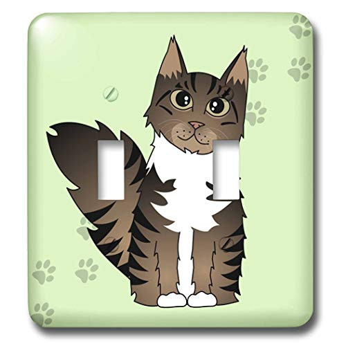 3dRose lsp_35526_2 Cute Maine Coon Cartoon Cat Tabby Paw Print Double Toggle Switch, Brown/White/Green