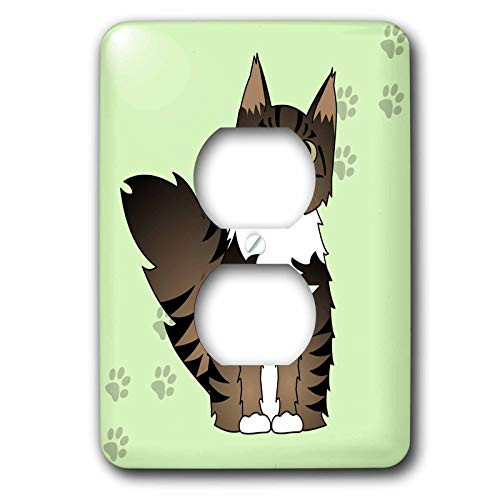 3dRose lsp_35526_6 Cute Maine Coon Cartoon Cat Tabby Paw Print 2 Plug Outlet Cover, Brown/White/Green
