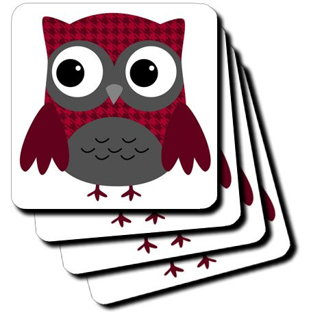 3dRose CST_61031_4 Cute Ruby Red Houndstooth Patterned Owl Ceramic Tile Coasters, Set of 8