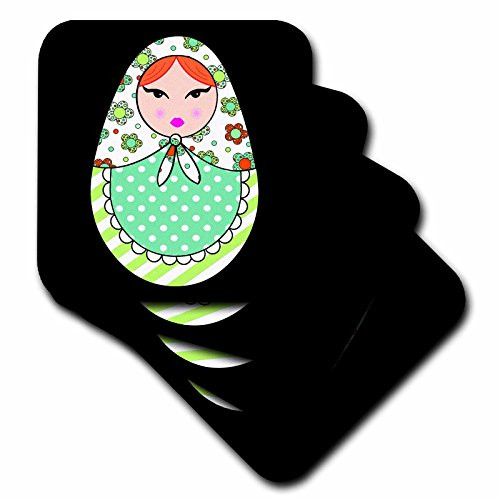 3dRose CST_58640_1 Cute Russian Matryoshka Nesting Doll Orange Hair Warm Colors Black Soft Coasters, Set of 4