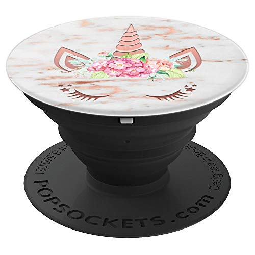 Golden Rose Pink Floral Unicorn Face On White Background PopSockets Grip and Stand for Phones and Tablets