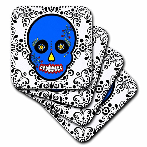 3dRose cst_28874_3 Day of The Dead Skull Dia De Los Muertos Sugar Skull Blue White Black Scroll Design-Ceramic Tile Coasters, Set of 4