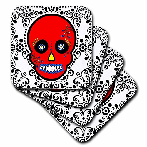 3dRose cst_28877_3 Day of The Dead Skull Dia De Los Muertos Sugar Skull Red White Black Scroll Design-Ceramic Tile Coasters, Set of 4