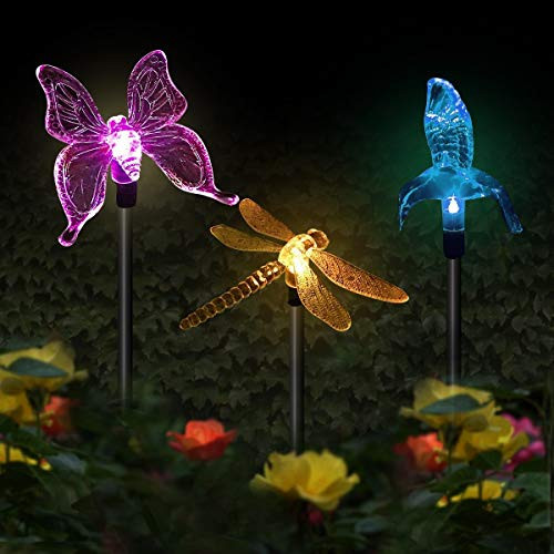 Solar Garden Lights, 3 Pack Solar Garden Stake Light, Multi-Color Changing Solar Powered Decorative Landscape Lighting Hummingbird Butterfly Dragonfly for Outdoor Path, Yard, Lawn, Patio Solar Garden Lights, 3 Pack Solar Garden Stake Light, Multi-Color Changing Solar Powered Decorative Landscape Lighting Hummingbird Butterfly Dragonfly for Outdoor Path, Yard, Lawn, Patio