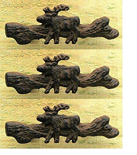 Set of 3 Cast Iron Rustic Cabin Moose on Log Cabinet Knob Drawer Pull Handle