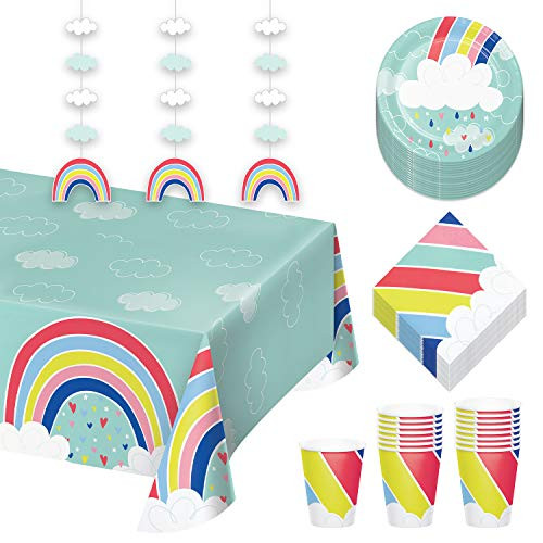 Rainbow Party Supplies - Dessert Plates, Napkins, and Cups, Plastic Table Cover, and Hanging Cutouts (Serves 16) Rainbow Party Supplies - Dessert Plates, Napkins, and Cups, Plastic Table Cover, and Hanging Cutouts (Serves 16)