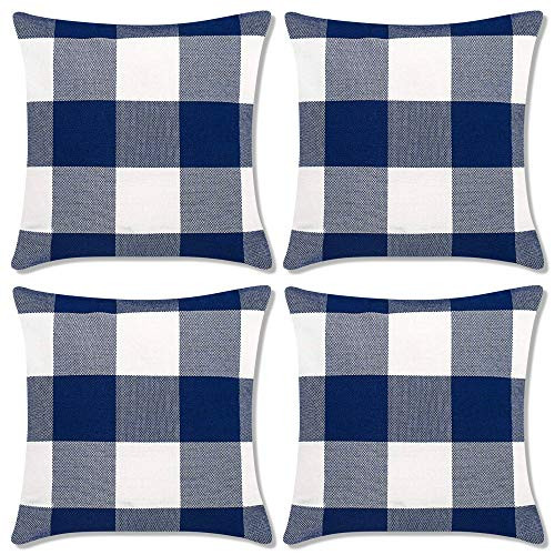Decorbay Blue and White Buffalo Check Plaid Throw Pillow Covers 18x18 Set of 4 Farmhouse Decorative Square Pillow Covers Cushion case for Sofa Bedroom Home Decor