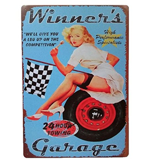 UNiQ Designs Vintage Tin Signs Winners Garage Man Cave Garage Decor Retro Garage Poster Bar Wall Sign - The Perfect Metal Vintage Pub Sign, Pin Up Garage Sign or Garage Decor Tin Sign for Men 12 x 8