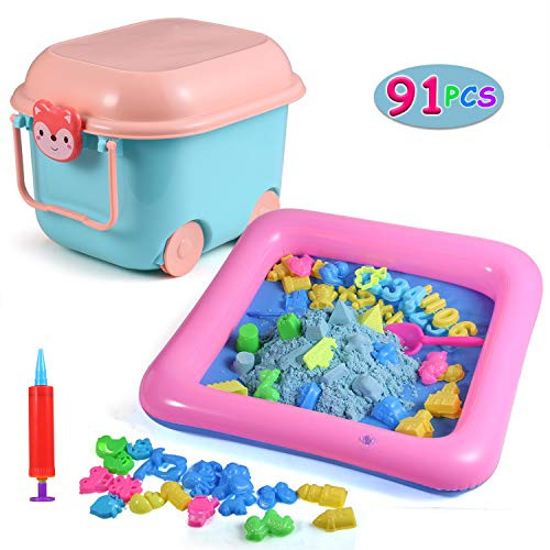 Juboury Play Sand and Sand Molds Kit - 4.4 lbs of Magic Sand with 91 Pcs Sand Molds, 1 Sand Tray, 1 Storage Box, Non-Toxic Sand Play Set for Kids