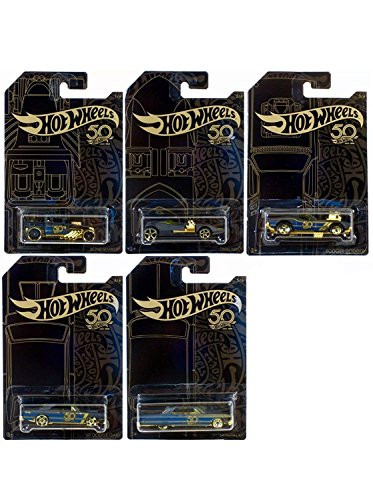 Hot Wheels 50th Anniversary 1:64 Black & Gold Series 5pcs Diecast Model Cars - Bone Shaker, Twin Mill, Rodger Dodger, Dodge Dart and Impala