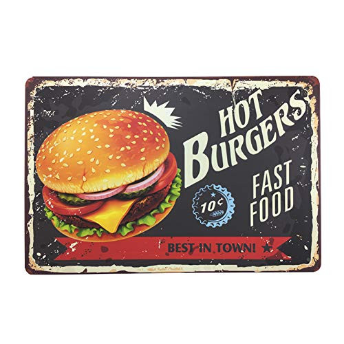 Vintage Style Tin Sign - HOT BURGERS FAST FOOD - Bar Pub Garage Diner Cafe Home Wall Decor Art Tin Signs Vintage, 8"W x 12"H Vintage Style Tin Sign - HOT BURGERS FAST FOOD - Bar Pub Garage Diner Cafe Home Wall Decor Art Tin Signs Vintage, 8"W x 12"H