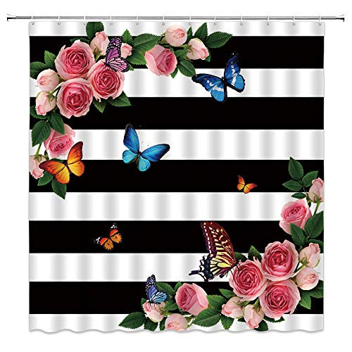 Flower Butterfly Shower Curtain Pink Rose Black and White Stripe Spring Flower Creative Floral Bathroom Curtains Decor Polyester Fabric Quick Drying 70x70 Inches Include Hooks Pink Black