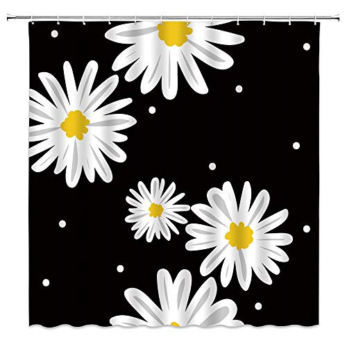 White Daisy Shower Curtain Black Daisy Pattern Yellow Flower Floral Black Background Bathroom Curtains Decor Polyester Fabric Quick Drying 70x70 Inches Include Hooks