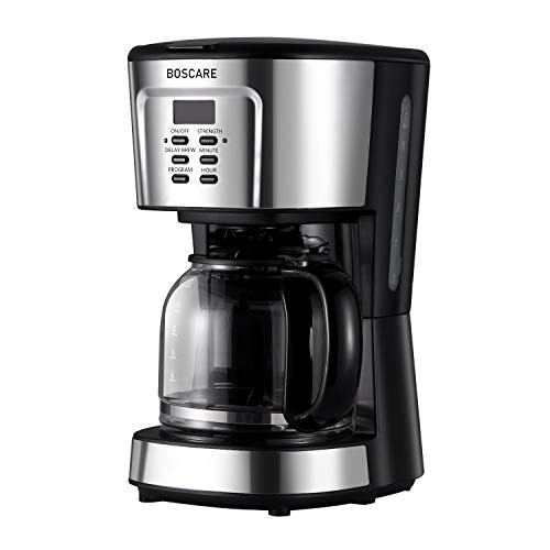 BOSCARE programmable coffee maker,2-12 Cup Drip Coffee maker, Mini Coffee Machine with Auto Shut-off,Strength Control,Silver Black