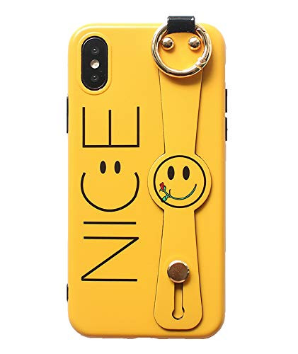 UnnFiko Hand Strap Holder Case Compatible with iPhone XR, Cute Cartoon Smiley Face Design, TPU Protective Stand Case Covers (Smiley Face Yellow, iPhone XR)